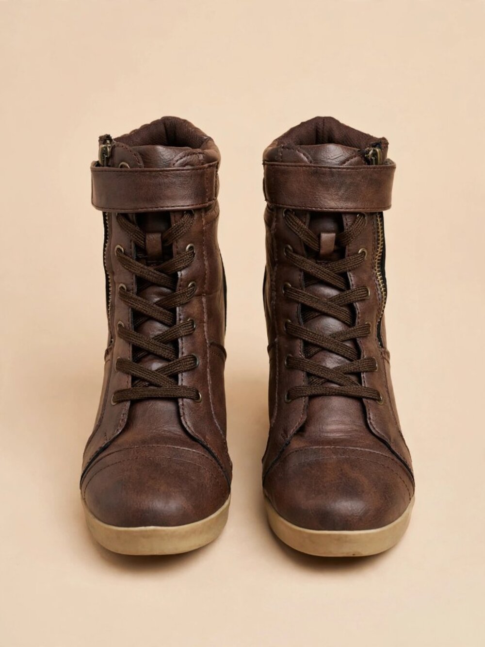 Brown Faux-Leather Wedge Lace-Up Ankle Boots